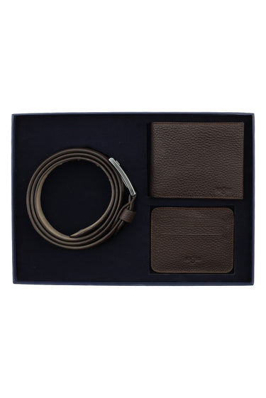  Orta Kahve Desenli 3'lü Deri Kemer & Cüzdan & Kartlık Hediye Kutulu Set