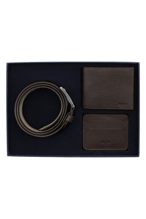 Orta Kahve Desenli 3'lü Deri Kemer & Cüzdan & Kartlık Hediye Kutulu Set