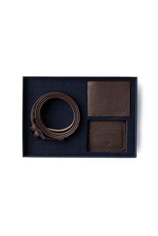  Orta Kahve Desenli 3'lü Deri Kemer & Cüzdan & Kartlık Hediye Kutulu Set