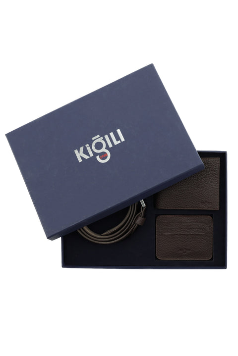 Orta Kahve Desenli 3'lü Deri Kemer & Cüzdan & Kartlık Hediye Kutulu Set