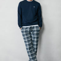 Orta Lacivert Slim Fit Dar Kesim Pamuk Ekose Örme Çantalı Pijama - Eşofman Altı