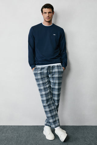  Orta Lacivert Slim Fit Dar Kesim Pamuk Ekose Örme Çantalı Pijama - Eşofman Altı