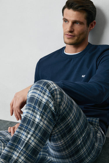  Orta Lacivert Slim Fit Dar Kesim Pamuk Ekose Örme Çantalı Pijama - Eşofman Altı