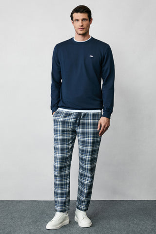  Orta Lacivert Slim Fit Dar Kesim Pamuk Ekose Örme Çantalı Pijama - Eşofman Altı