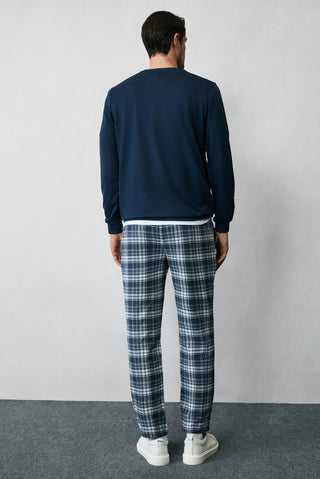  Orta Lacivert Slim Fit Dar Kesim Pamuk Ekose Örme Çantalı Pijama - Eşofman Altı