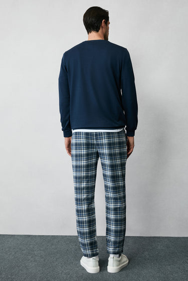  Orta Lacivert Slim Fit Dar Kesim Pamuk Ekose Örme Çantalı Pijama - Eşofman Altı