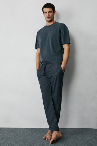  Orta Antrasit Slim Fit Dar Kesim Pamuklu Çizgili Örme Çantalı Flanel Pijama - Eşofman Altı