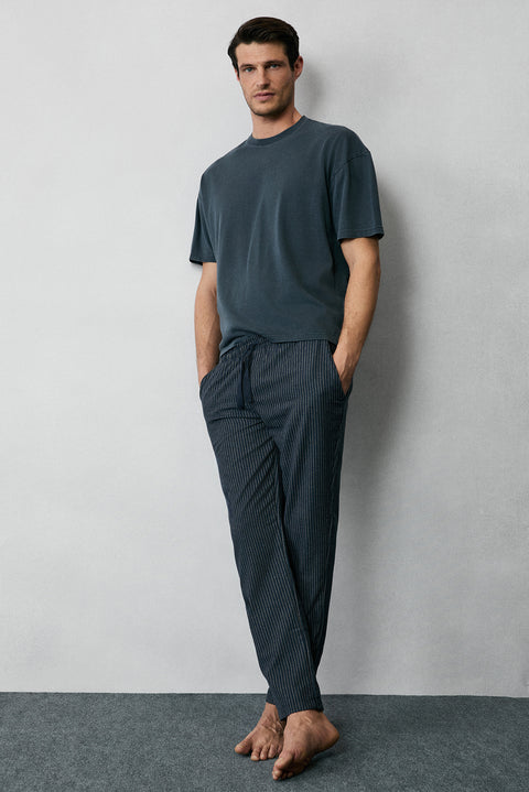 Orta Antrasit Slim Fit Dar Kesim Pamuklu Çizgili Örme Çantalı Flanel Pijama - Eşofman Altı