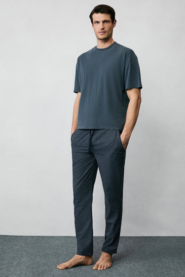  Orta Antrasit Slim Fit Dar Kesim Pamuklu Çizgili Örme Çantalı Flanel Pijama - Eşofman Altı