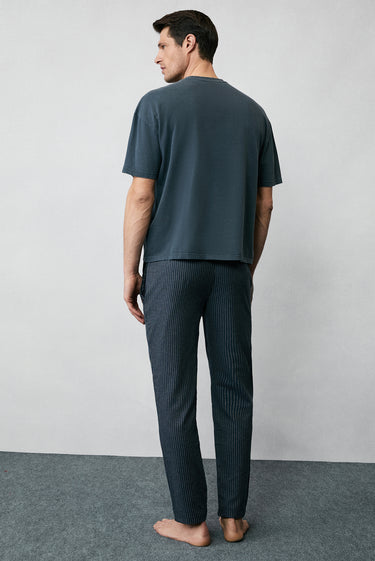  Orta Antrasit Slim Fit Dar Kesim Pamuklu Çizgili Örme Çantalı Flanel Pijama - Eşofman Altı