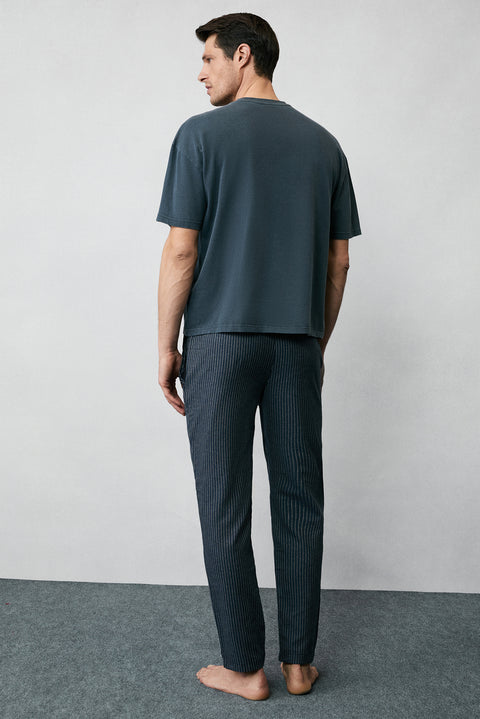 Orta Antrasit Slim Fit Dar Kesim Pamuklu Çizgili Örme Çantalı Flanel Pijama - Eşofman Altı