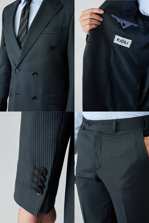 Koyu Lacivert 8 Drop Long Slim Fit Uzun Dar Kesim Yünlü Çizgili Sivri Yaka Kruvaze Takım Elbise