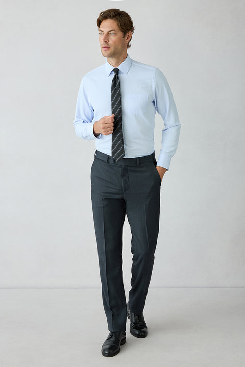 Koyu Lacivert 8 Drop Long Slim Fit Uzun Dar Kesim Yünlü Çizgili Sivri Yaka Kruvaze Takım Elbise