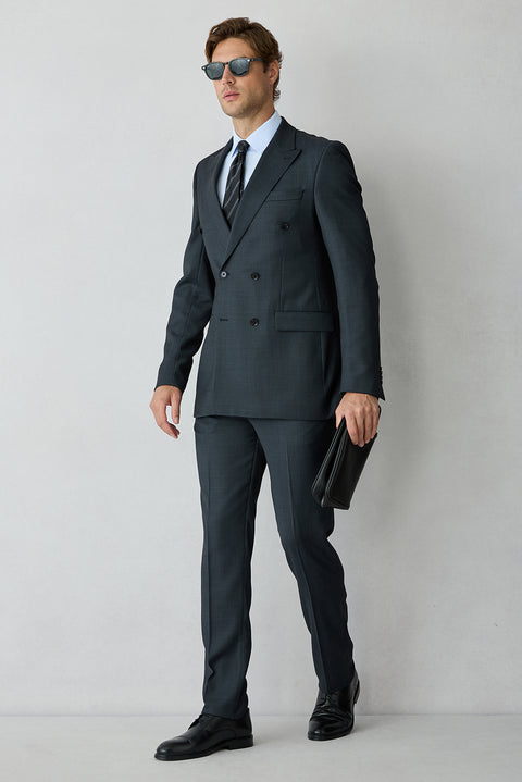 Koyu Lacivert 8 Drop Long Slim Fit Uzun Dar Kesim Yünlü Çizgili Sivri Yaka Kruvaze Takım Elbise