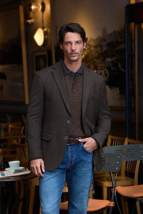 Mürdüm 7 Drop Slim Fit Mono Yaka Armürlü Yünlü Örme Klasik Ceket