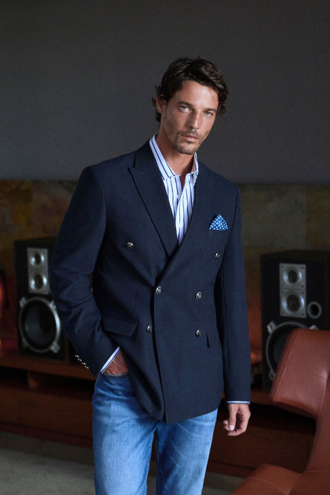 Dark Navy Blue 7 Drop Slim Fit Pointed Lapel Armory Double-Breasted Blazer Jacket