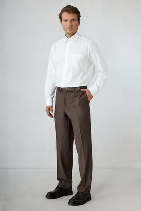 Orta Kahve 4 Drop Relaxed Fit Rahat Kesim Yünlü Düz Klasik Kumaş Pantolon