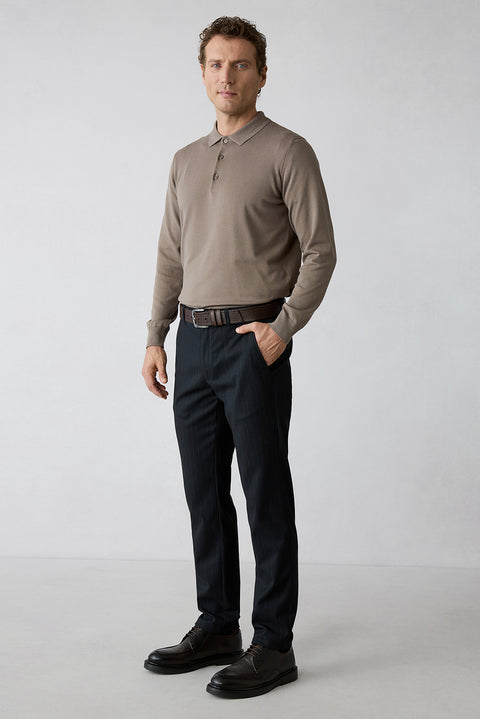 Koyu Lacivert Slim Straight Fit Çizgili Spor Pantolon