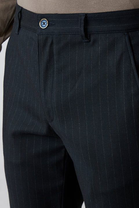 Koyu Lacivert Slim Straight Fit Çizgili Spor Pantolon