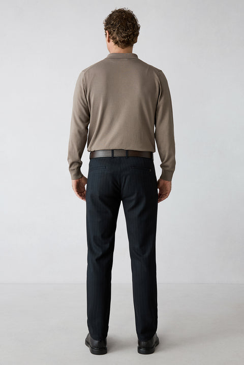 Koyu Lacivert Slim Straight Fit Çizgili Spor Pantolon