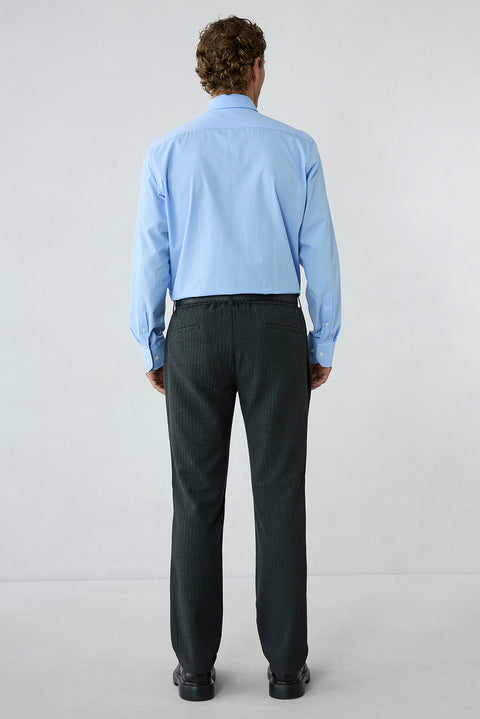 Dark Charcoal Relaxed Fit Striped Casual Trousers with Elastic Back Waistband