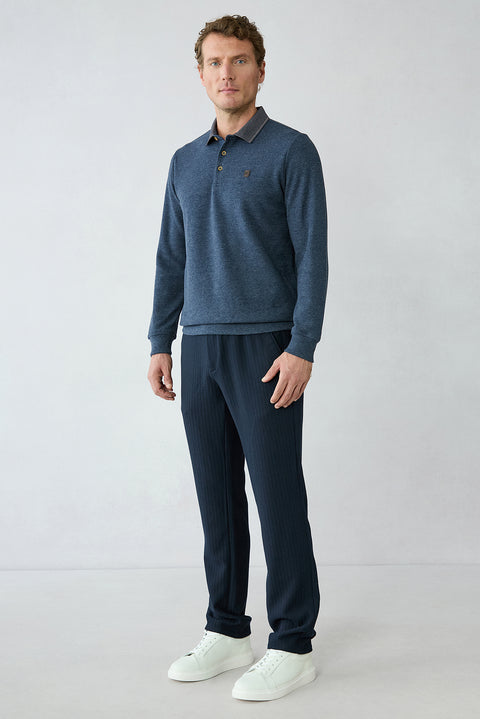 Orta Lacivert Relaxed Fit Rahat Kesim Çizgili Beli Lastikli Likralı Kanvas / Chino Pantolon