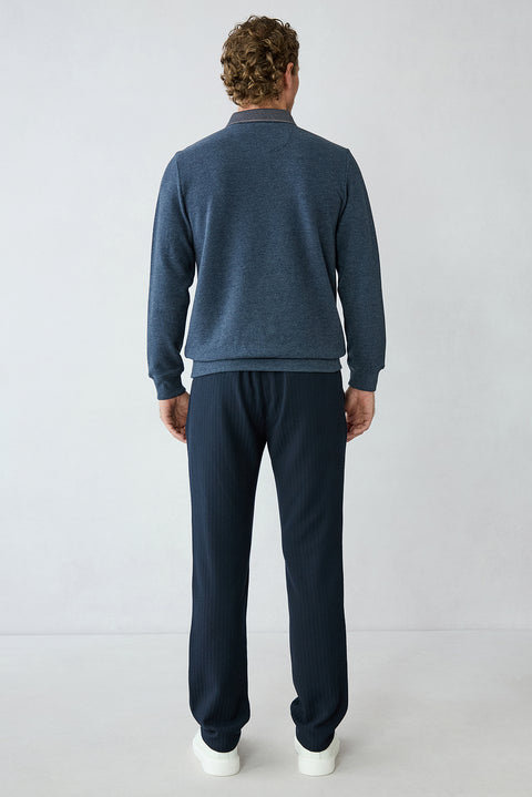 Orta Lacivert Relaxed Fit Rahat Kesim Çizgili Beli Lastikli Likralı Kanvas / Chino Pantolon