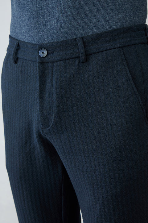 Orta Lacivert Relaxed Fit Rahat Kesim Çizgili Beli Lastikli Likralı Kanvas / Chino Pantolon