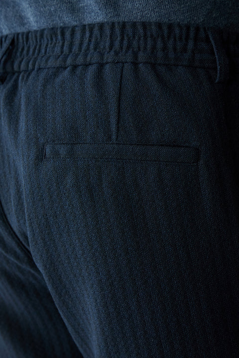 Orta Lacivert Relaxed Fit Rahat Kesim Çizgili Beli Lastikli Likralı Kanvas / Chino Pantolon