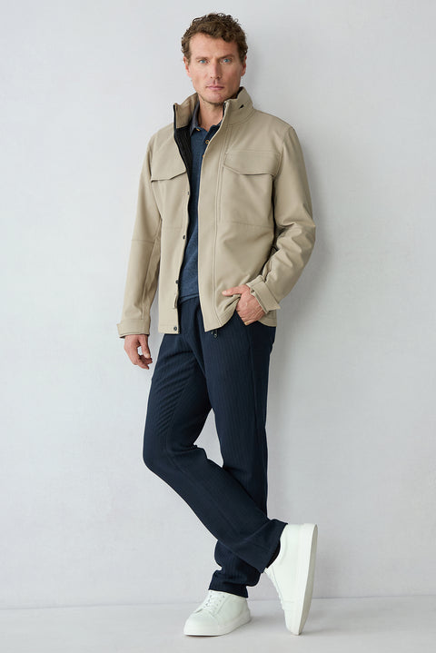 Orta Lacivert Relaxed Fit Rahat Kesim Çizgili Beli Lastikli Likralı Kanvas / Chino Pantolon