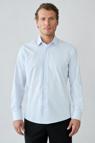  Uçuk Mavi Uzun Kol Slim Fit Pamuklu Armürlü Gömlek
