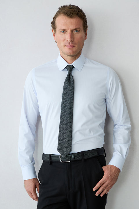 Light Blue Long Sleeve Slim Fit Cotton Dobby Shirt