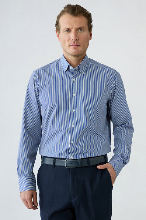 Dark Navy Long Sleeve Regular Fit Cotton Striped Shirt
