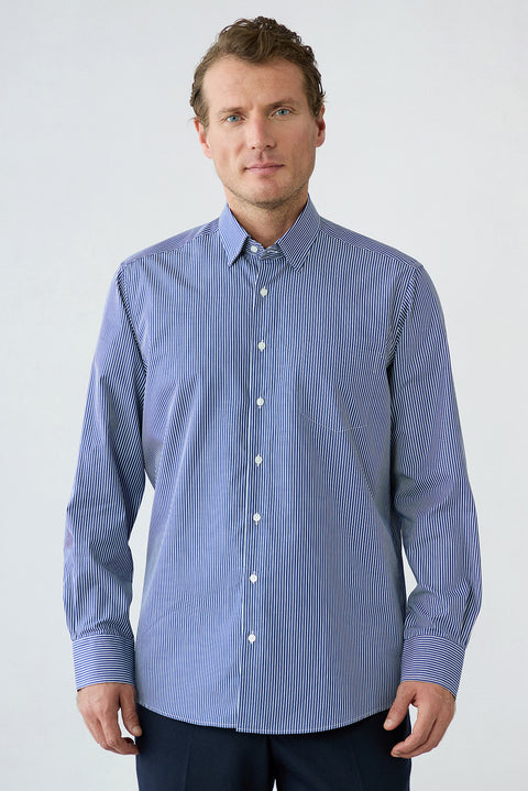 Dark Navy Long Sleeve Regular Fit Cotton Striped Shirt