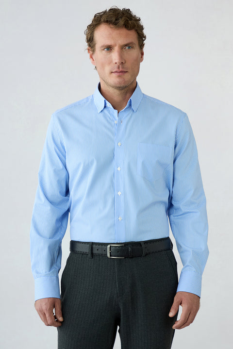 Blue Long Sleeve Regular Fit Cotton Striped Shirt