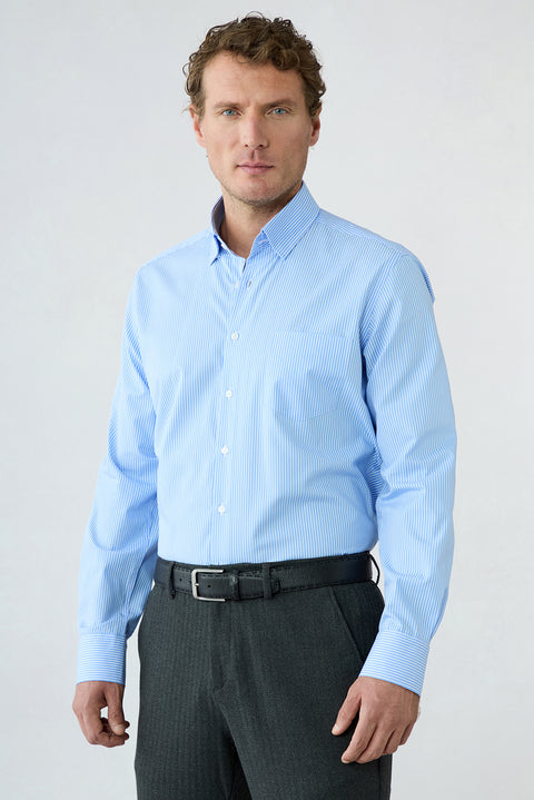 Blue Long Sleeve Regular Fit Cotton Striped Shirt