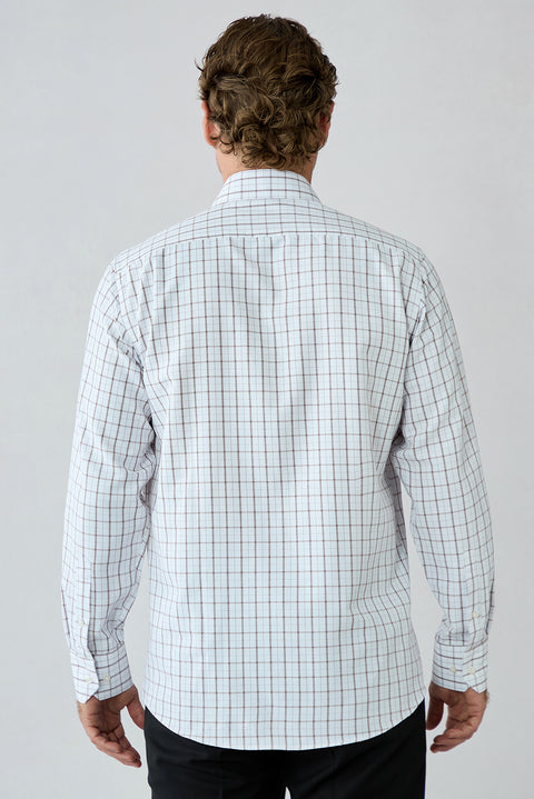 Medium Brown Long Sleeve Regular Fit Plaid Cotton Shirt
