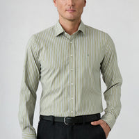 Çağla Green Long Sleeve Slim Fit Striped Cotton Shirt