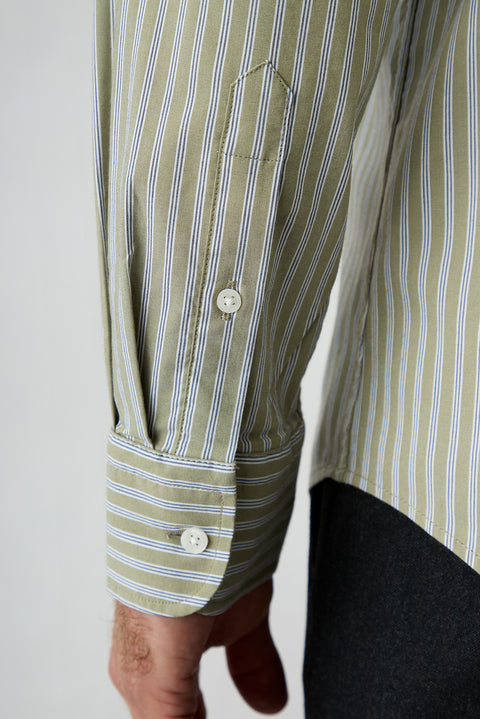 Çağla Green Long Sleeve Slim Fit Striped Cotton Shirt
