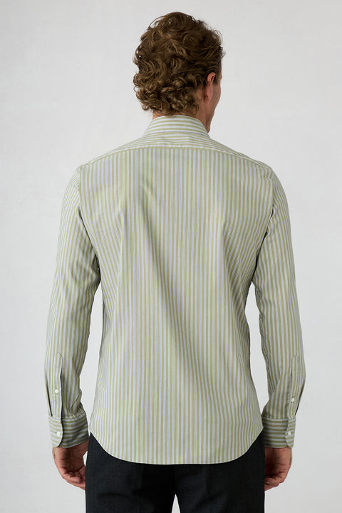 Çağla Green Long Sleeve Slim Fit Striped Cotton Shirt