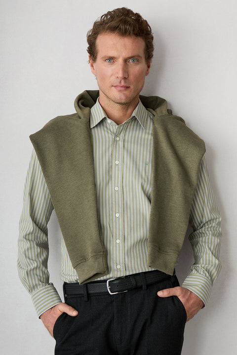 Çağla Green Long Sleeve Slim Fit Striped Cotton Shirt