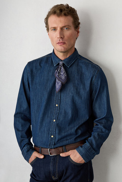 Koyu Lacivert Uzun Kol Regular Fit Denim Gömlek