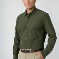 Dark Khaki Long Sleeve Regular Fit Striped Cotton Shirt