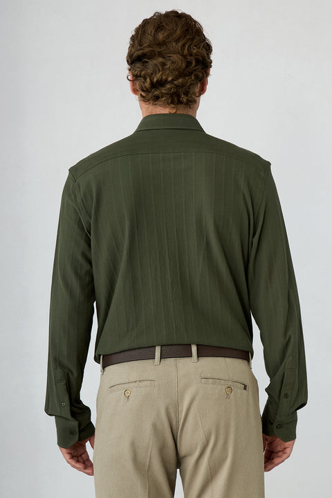 Dark Khaki Long Sleeve Regular Fit Striped Cotton Shirt