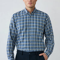 Mid-Navy Long Sleeve Regular Fit Plaid Cotton Shirt