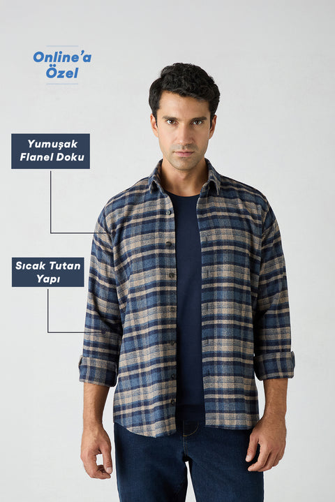 Medium Navy Regular Fit Flannel Plaid Long Shirt