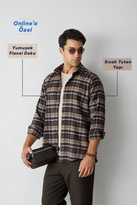Dark Brown Regular Fit Flannel Plaid Long Shirt