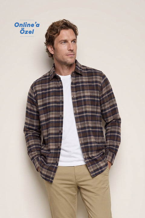 Dark Brown Regular Fit Flannel Plaid Long Shirt