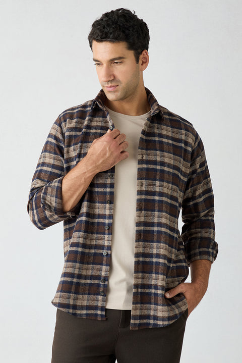 Dark Brown Regular Fit Flannel Plaid Long Shirt