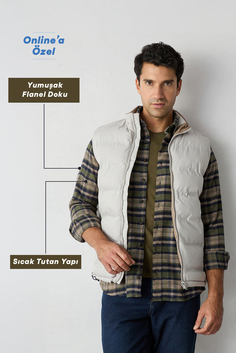 Dark Khaki Regular Fit Flannel Plaid Long Shirt